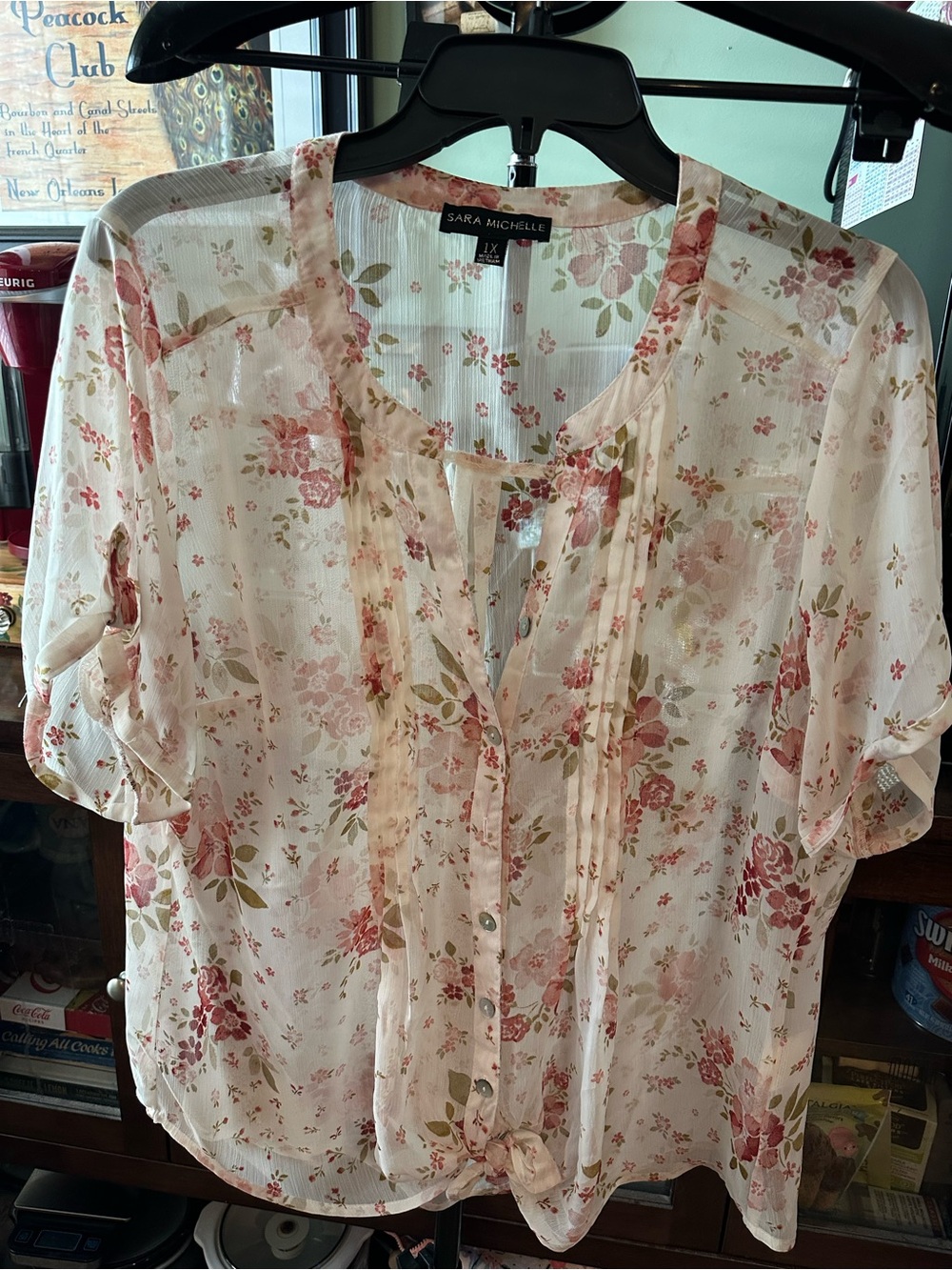 Sara Michelle Cream Blouse with Pink Floral Print
